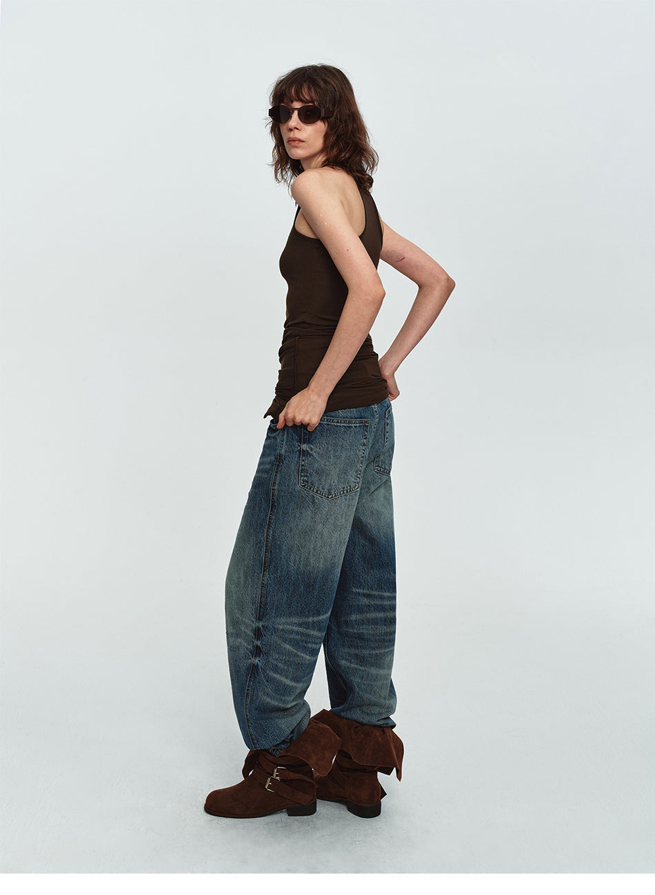 MADWITCH DOUBLE-BUTTON WASHED WIDE-LEG JEANS #GPC9857