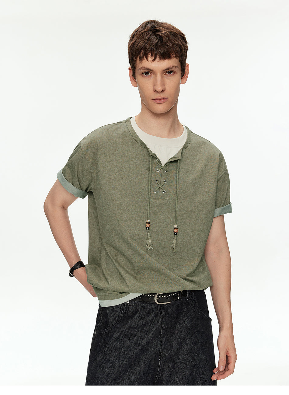 MADWITCH HENLEY NECK BEADED T SHIRT #991262