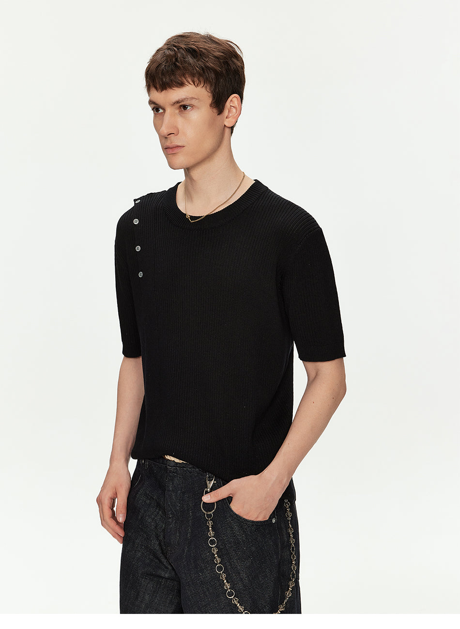 MADWITCH ASYMMETRIC BUTTON RIBBED KNIT TEE #MY26503