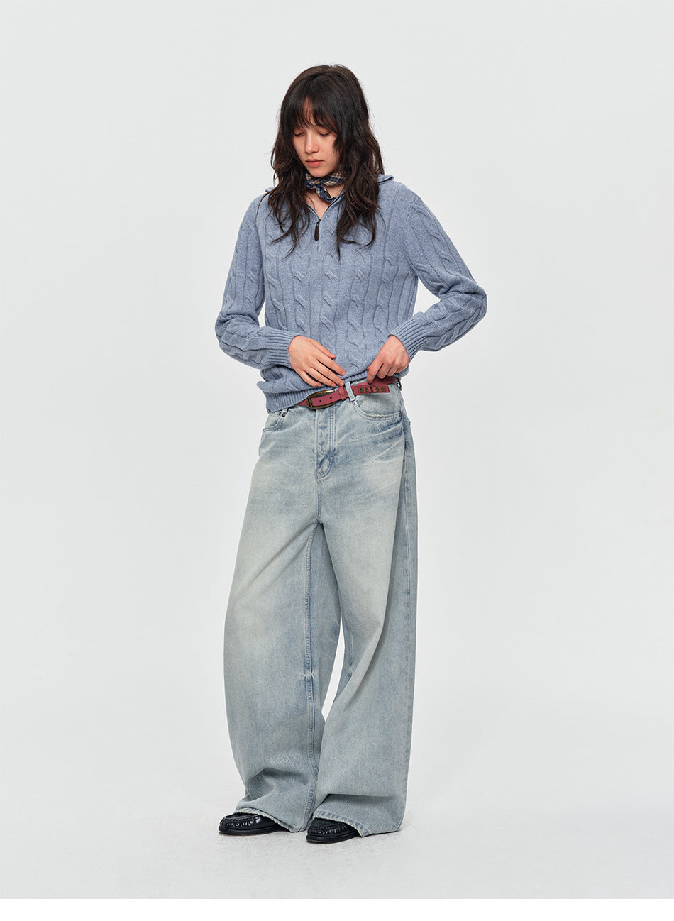 MADWITCH VINTAGE WASHED DRAPED WIDE-LEG JEANS #BKJ7102