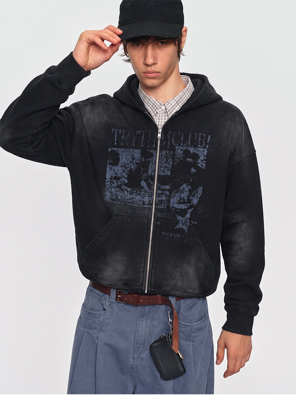 MADWITCH RECORD-PRINT WASHED ZIP HOODIE #27560