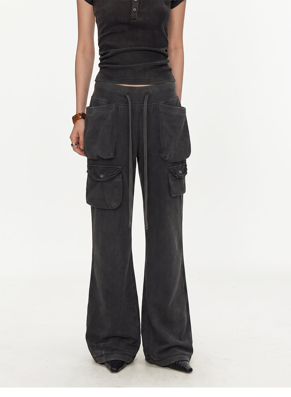 MADWITCH WASHED DISTRESSED MULTI-POCKET FLARE SWEATPANTS #CN61065