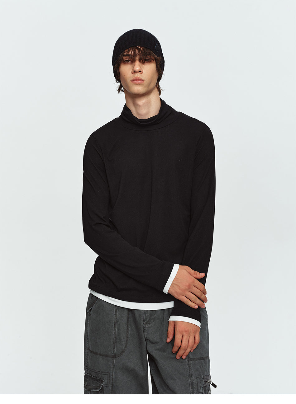 MADWITCH CONTRAST-LAYERED LYOCELL HIGH-NECK SLIM-FIT LONGSLEEVE TEE #AW26144