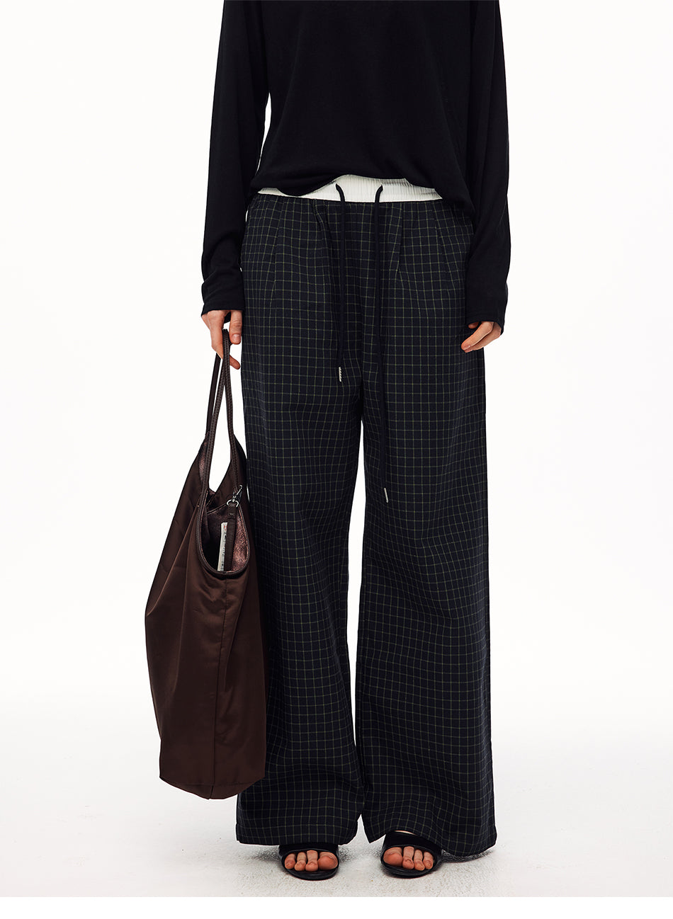 MADWITCH VINTAGE PLAID DRAWSTRING WIDE-LEG PANTS #CK61051
