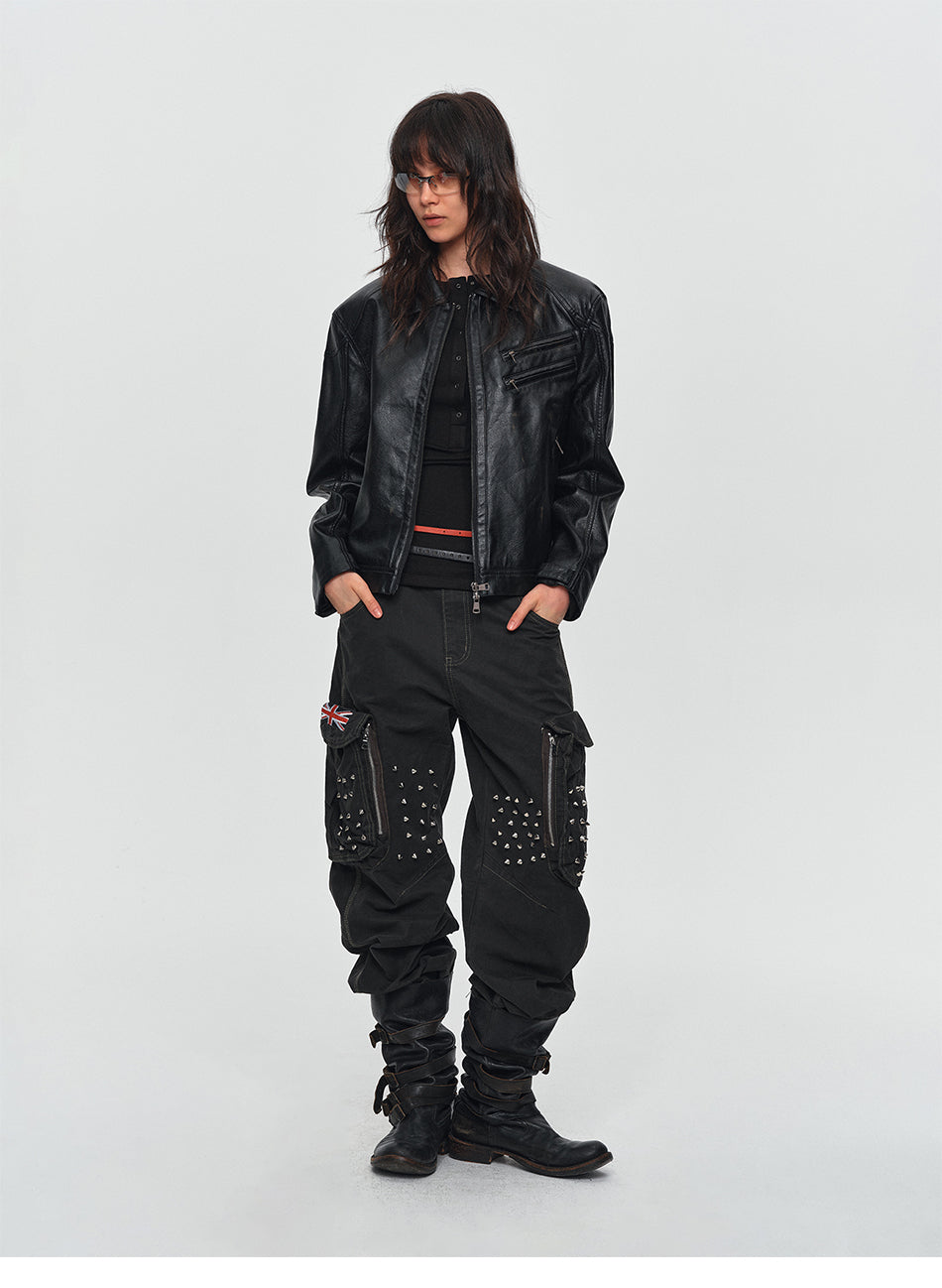 MADWITCH STUDDED WASHED MULTI-POCKET CARGO PANTS #L2026580