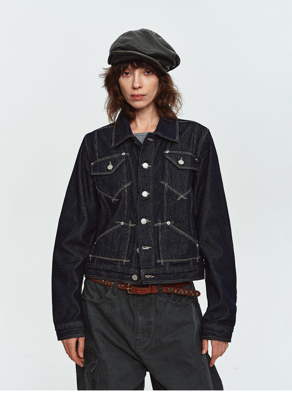 MADWITCH CONTRAST-STITCH CROPPED DENIM JACKET #C2026419