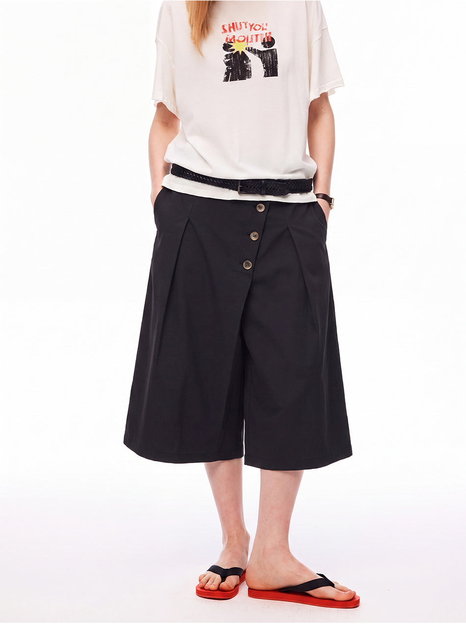 MADWITCH ASYMMETRIC BUTTONED WIDE-LEG CAPRI PANTS #C1012