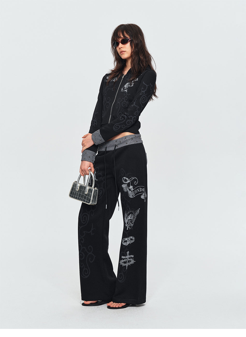 MADWITCH STUDDED SCROLL-PRINT HOODIE CARDIGAN #L2026544