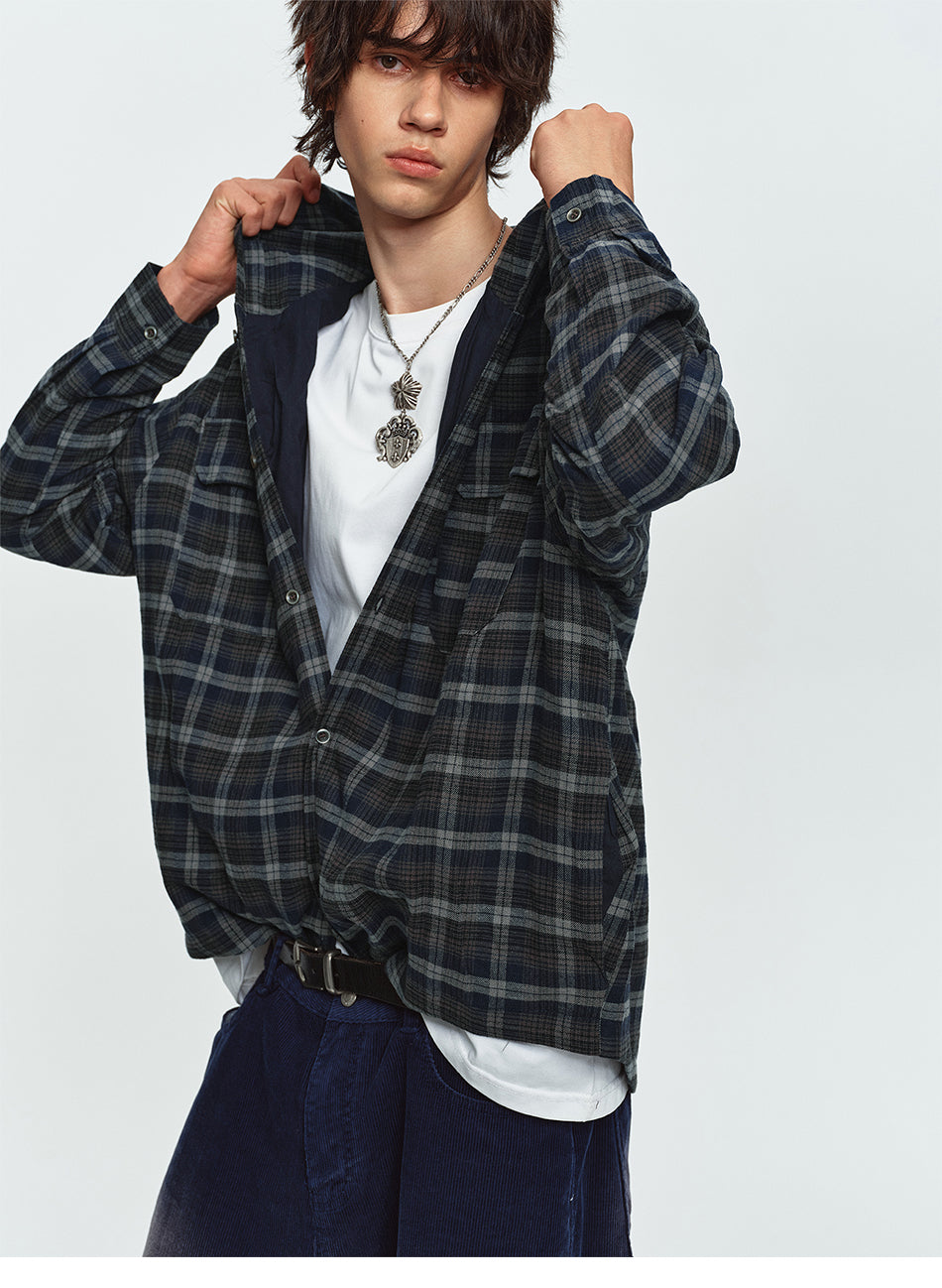 MADWITCH HOODED PLAID SHIRT JACKET #N2089
