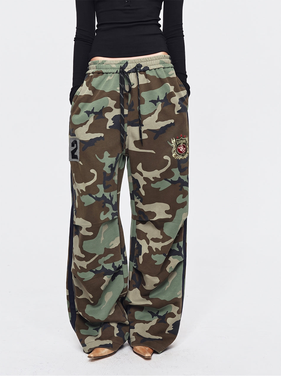 MADWITCH EMBROIDERED SIDE-STRIPE CAMO WIDE-LEG PANTS #CK61091