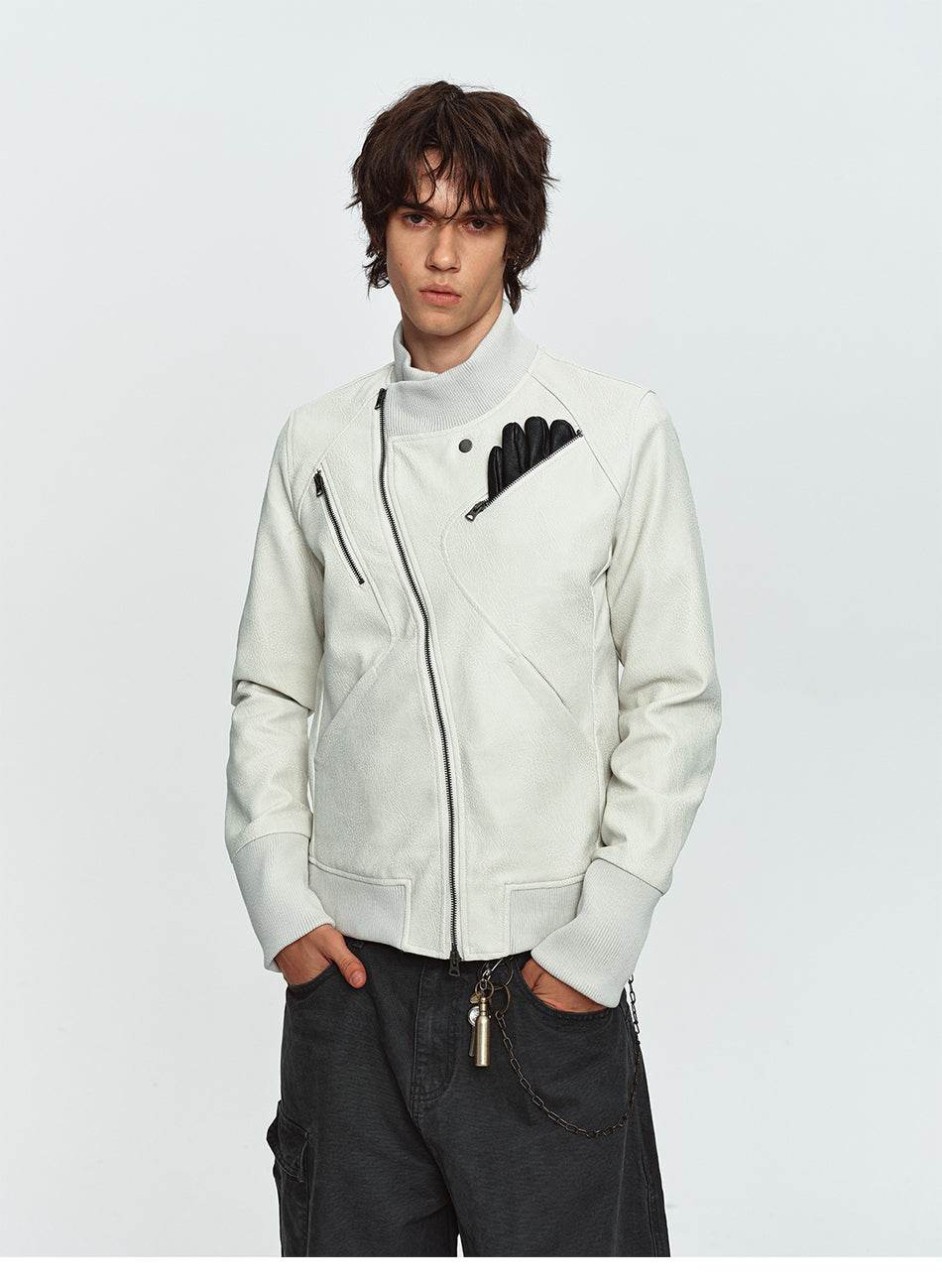 MADWITCH ASYMMETRICAL-ZIP STAND-COLLAR FAUX-LEATHER MOTO JACKET #CW1373N