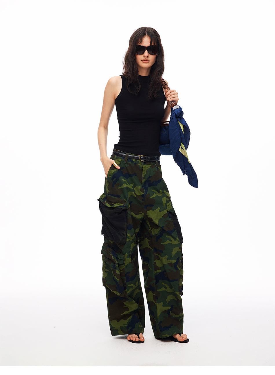 MADWITCH CAMO MESH-PANEL CARGO WIDE-LEG PANTS #CK61072