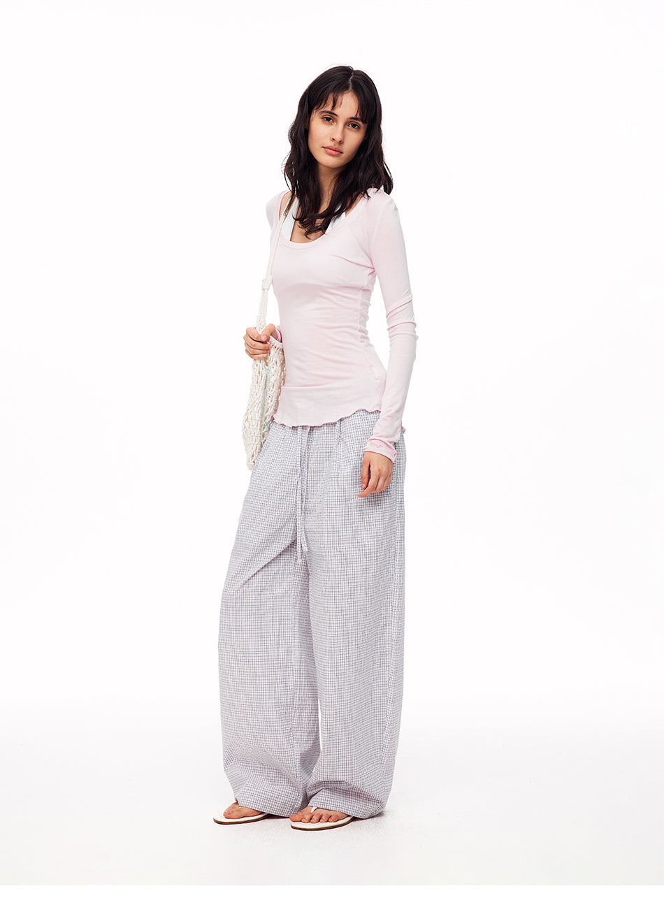 MADWITCH MINIMALIST PLAID DRAWSTRING WIDE-LEG PANTS #CK61081