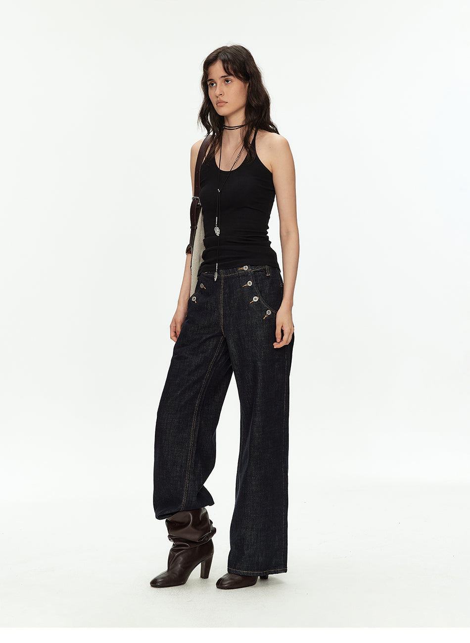 MADWITCH VINTAGE BUTTON SIDE WIDE JEANS #GPC9816N