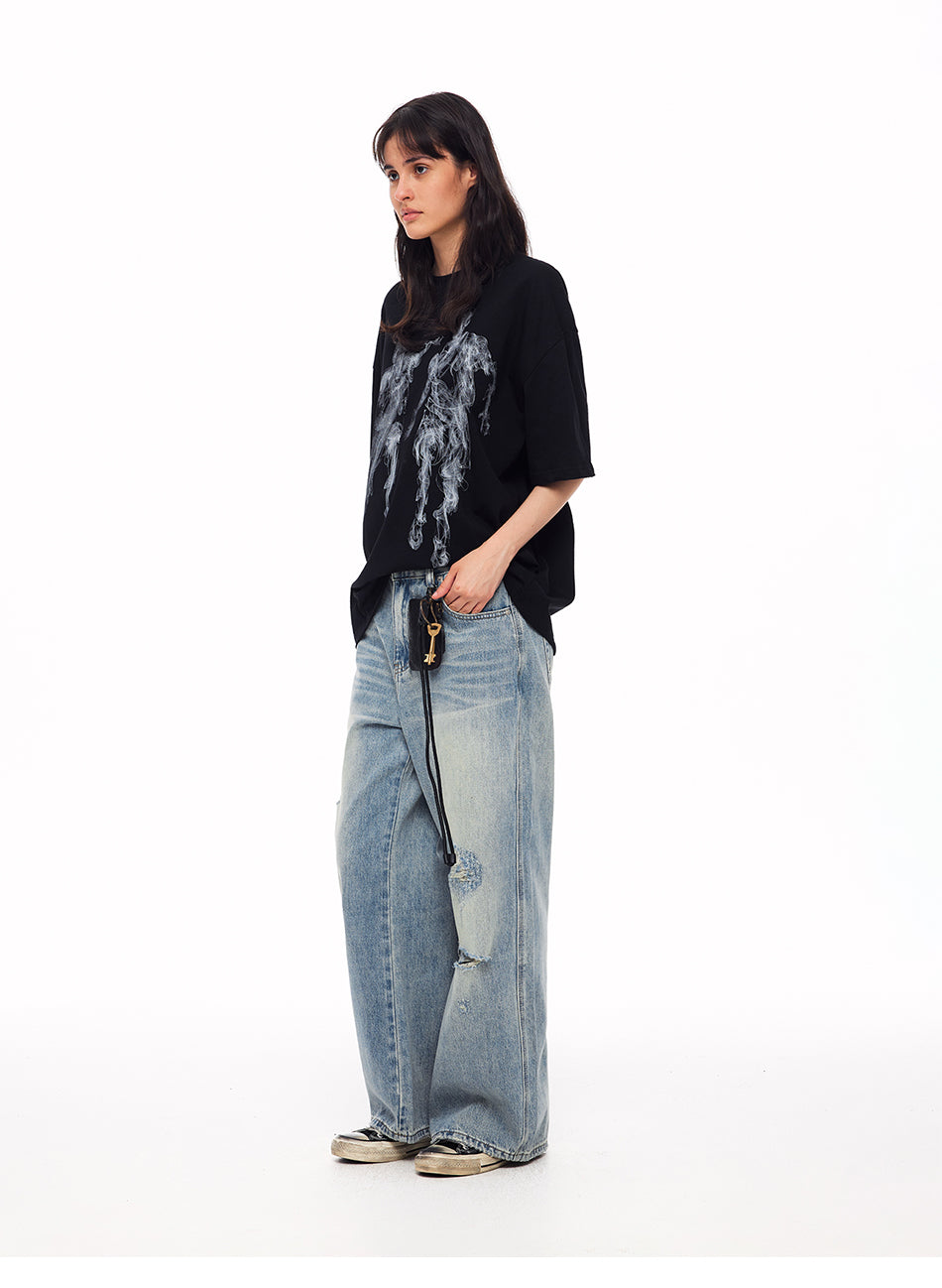 MADWITCH DISTRESSED BUCKLE-BACK WIDE-LEG JEANS #CK9839