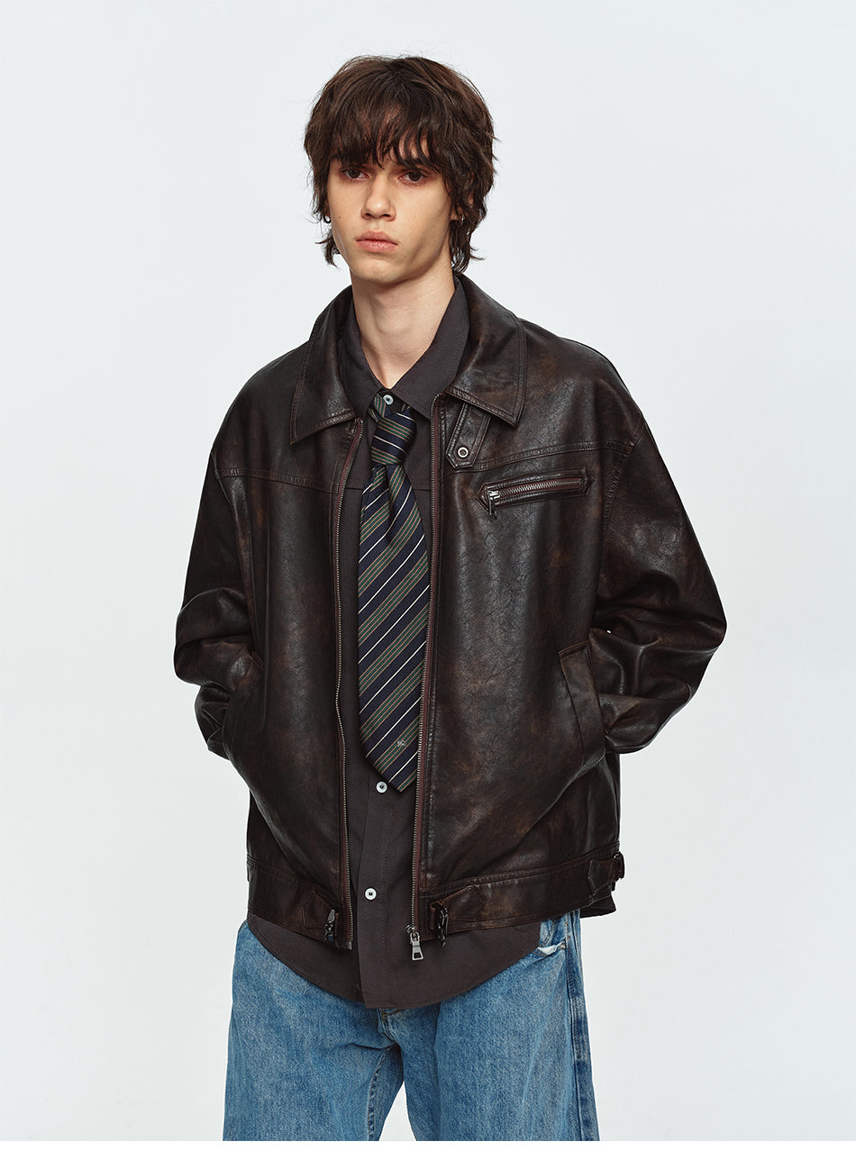 MADWITCH BURNISHED COLLARED CROPPED FAUX-LEATHER UTILITY JACKET #991521