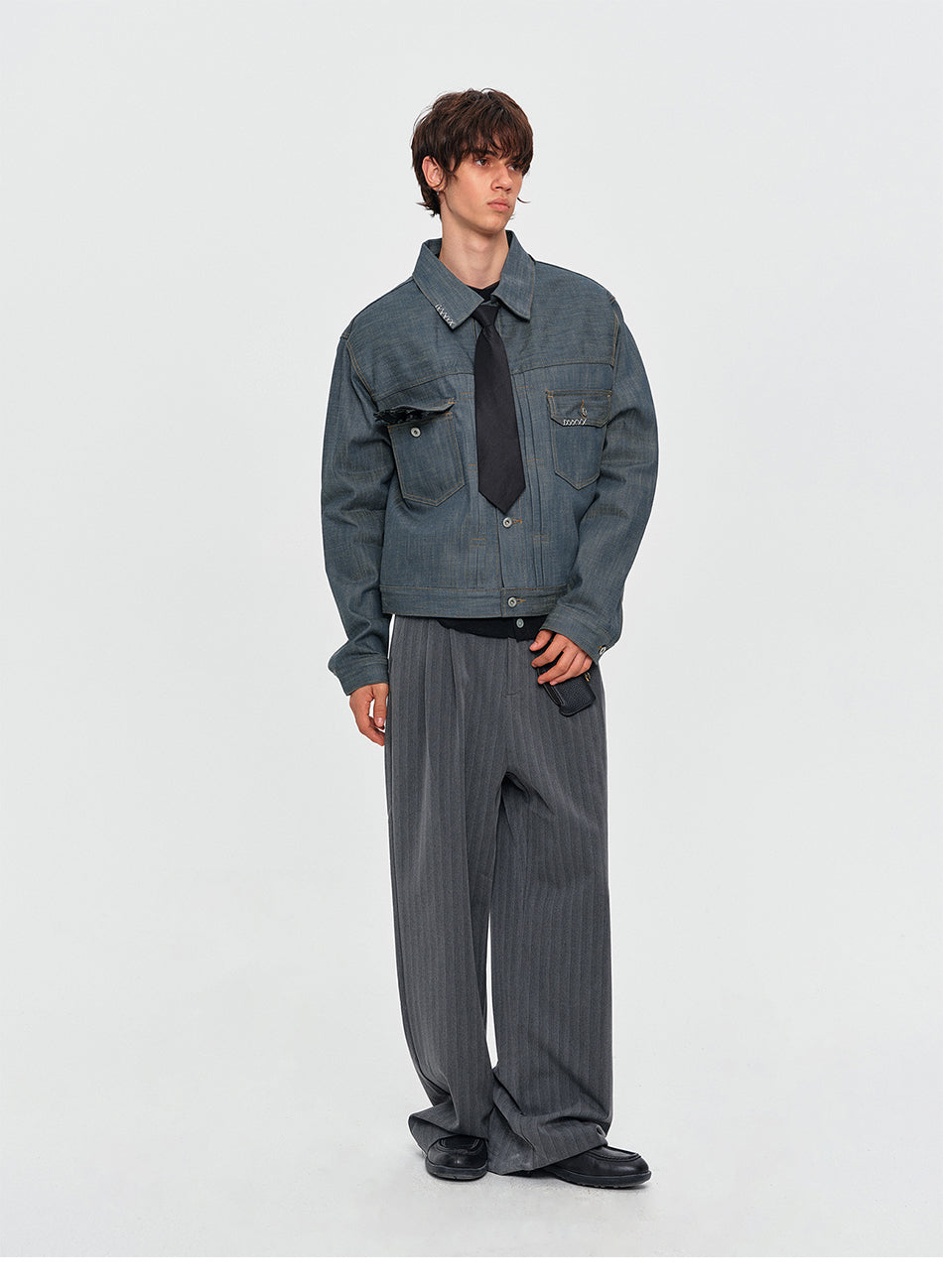 MADWITCH CONTRAST-STITCH DUAL-POCKET CROPPED DENIM JACKET #2605WT3009