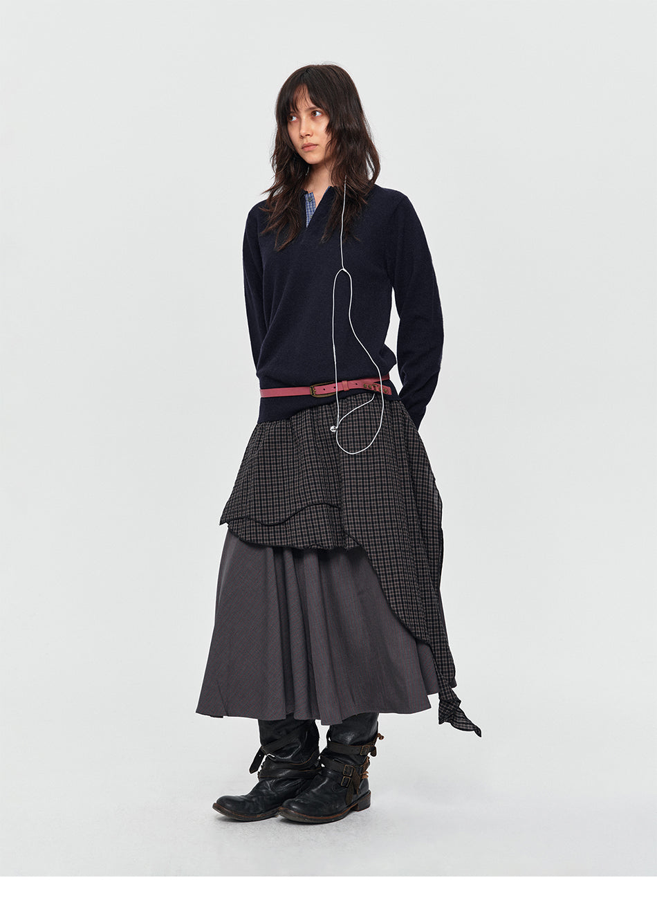 MADWITCH ASYMMETRIC LAYERED PLAID FLARE MIDI SKIRT #K102