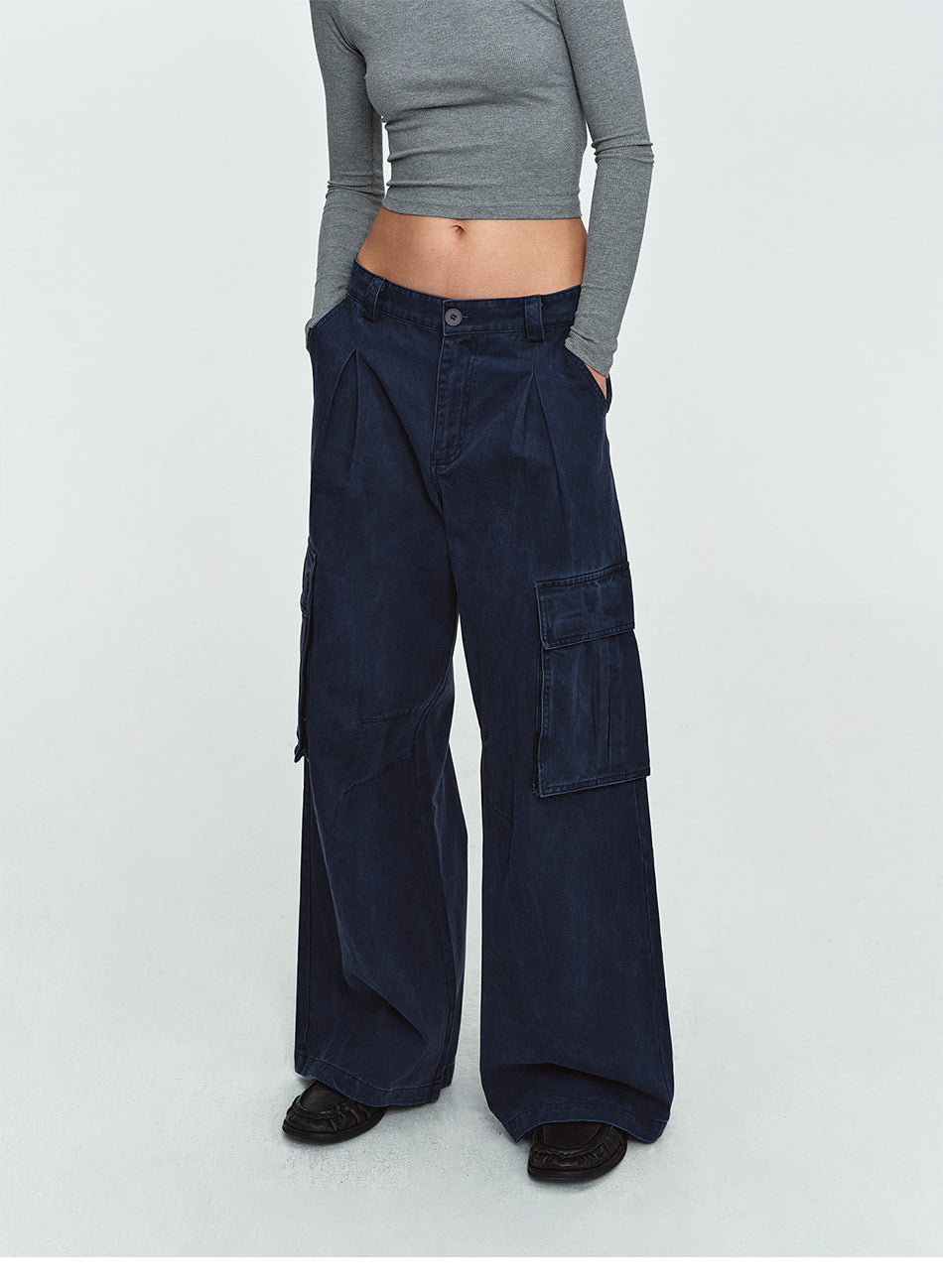 MADWITCH PLEATED WASHED CARGO WIDE-LEG TROUSERS #7621