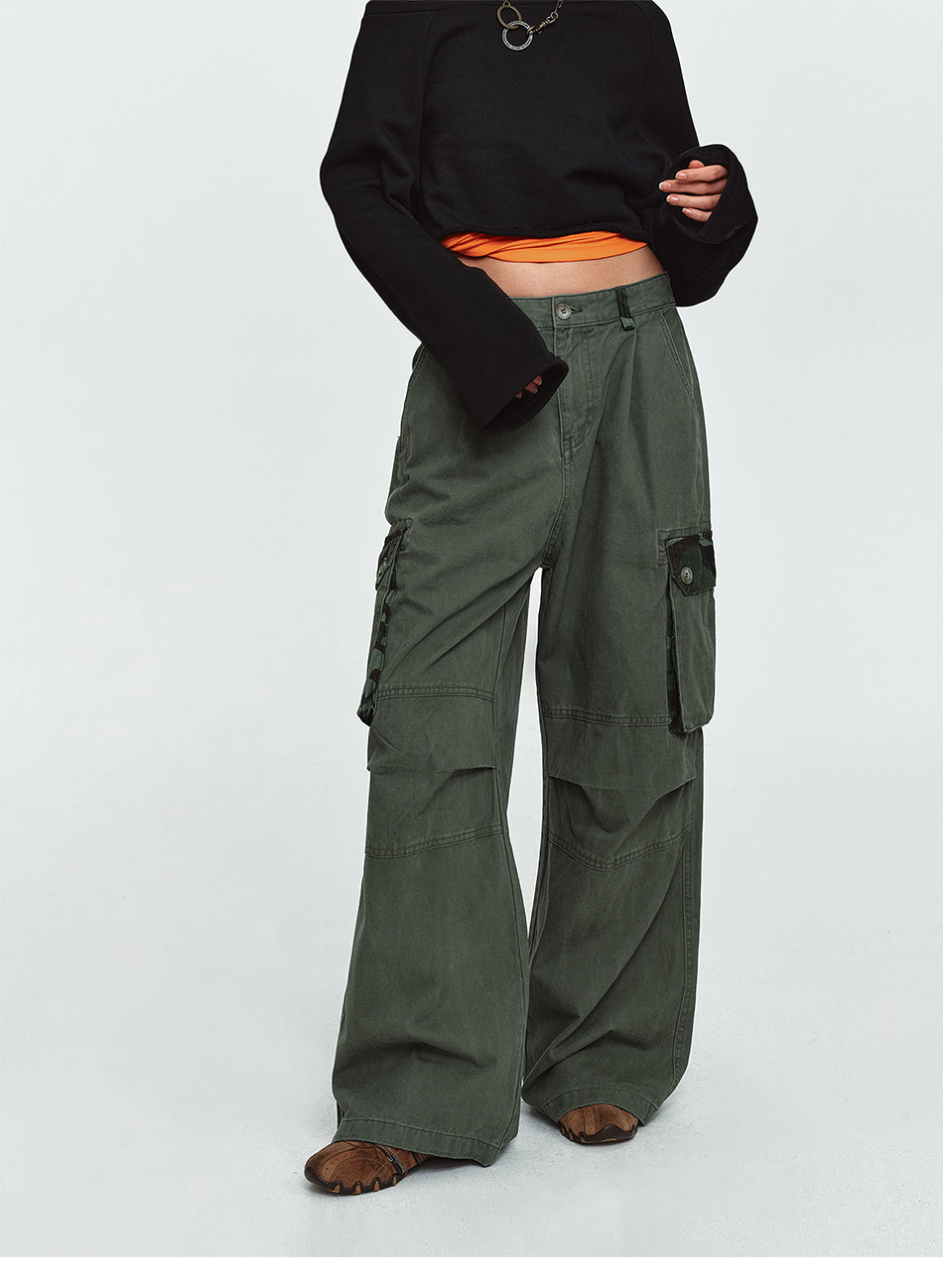 MADWITCH PLEATED CAMO-PATCHWORK WASHED CARGO PANTS #6851