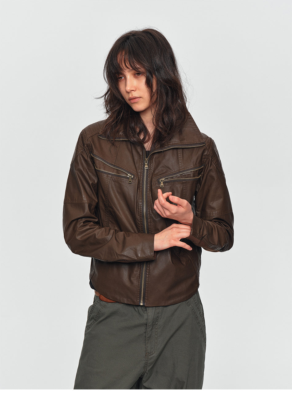 MADWITCH DISTRESSED MULTI-ZIP STAND-COLLAR LEATHER MOTO JACKET #251623