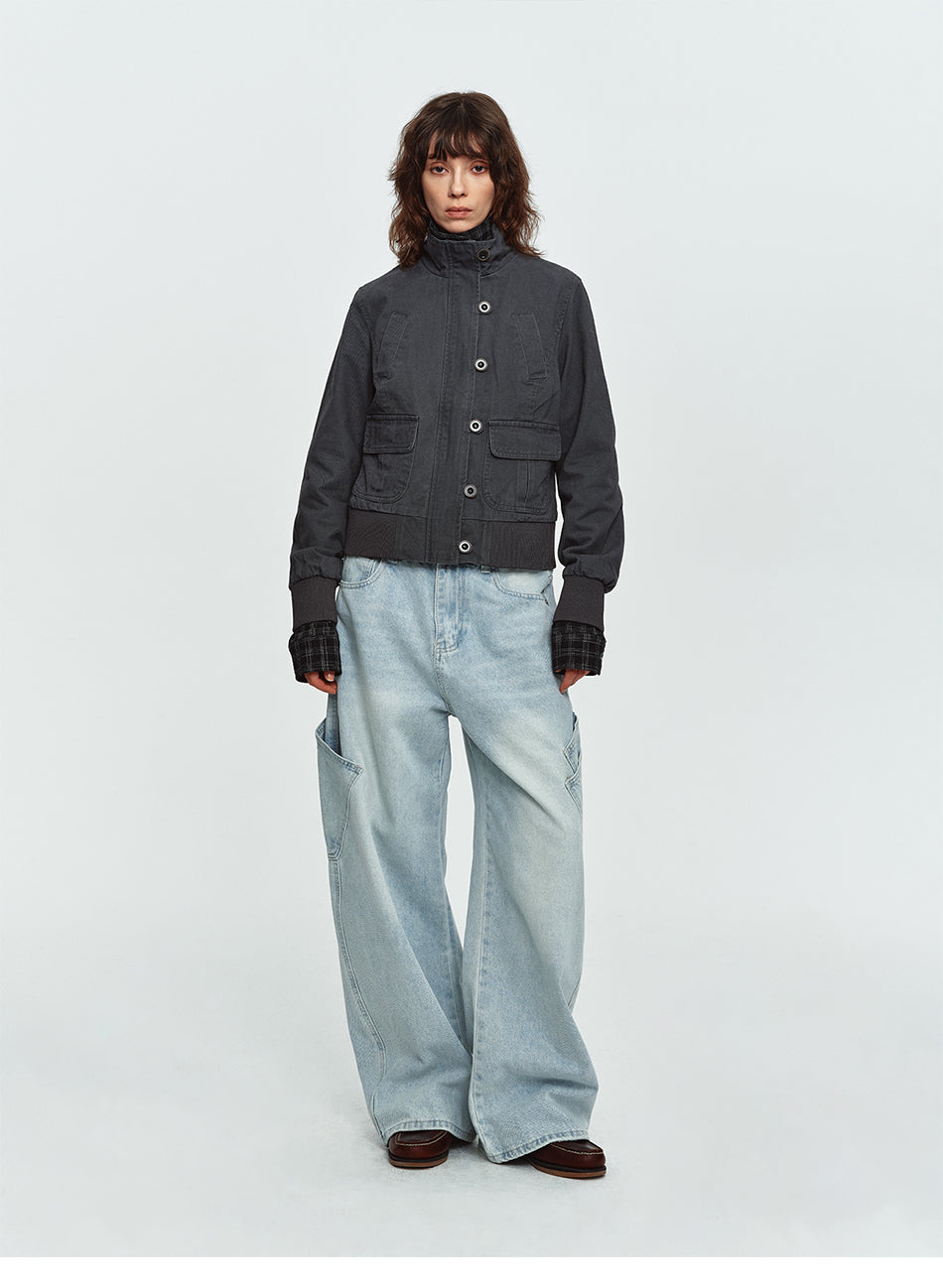 MADWITCH WASHED DISTRESSED MULTI-POCKET STAND-COLLAR CROPPED UTILITY JACKET #N606