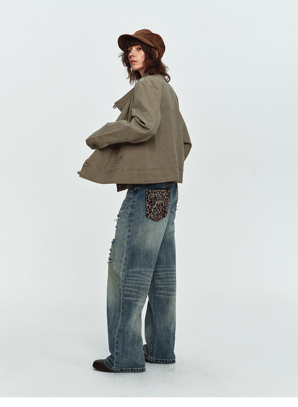 MADWITCH LEOPARD-POCKET DISTRESSED WIDE-LEG JEANS #G60073