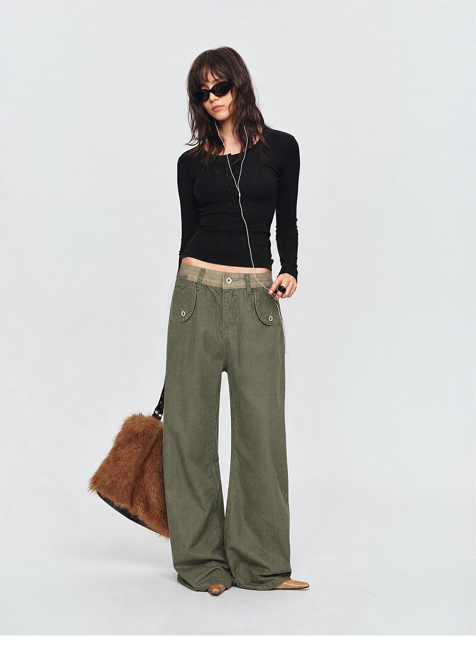 MADWITCH CONTRAST-WAIST FLAP-POCKET CARGO PANTS #Z071