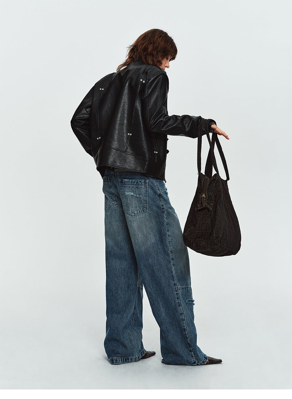 MADWITCH NAPOLEON-BUTTON CROPPED LEATHER BIKER JACKET #AW26188