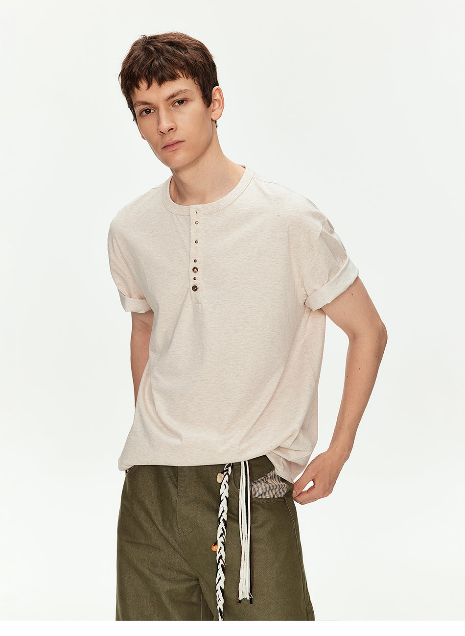 MADWITCH HENLEY NECK PLAID PLACKET TEE #991336