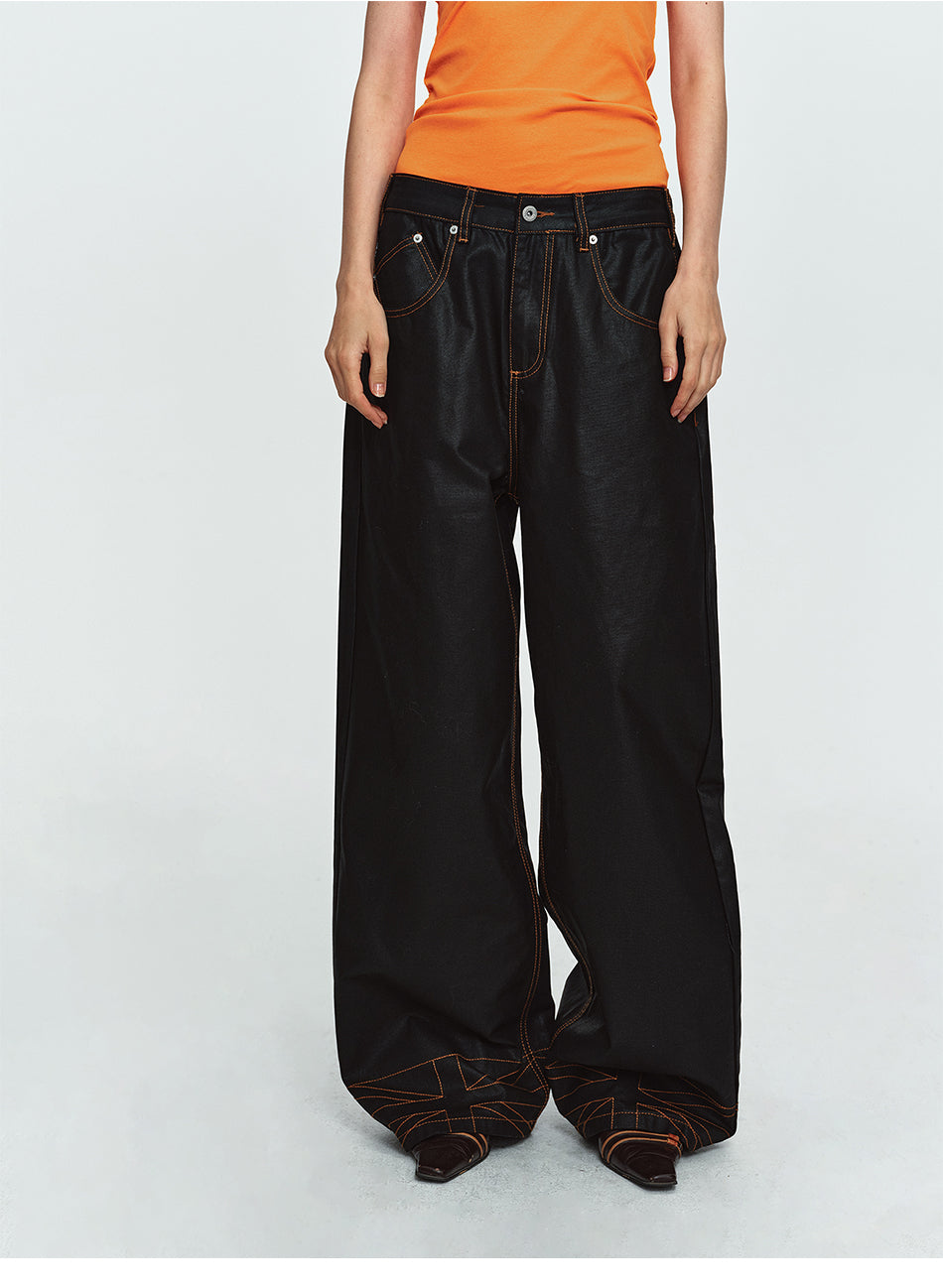 MADWITCH CONTRAST-STITCH WAXED-BLACK WIDE-LEG JEANS #GPC3659