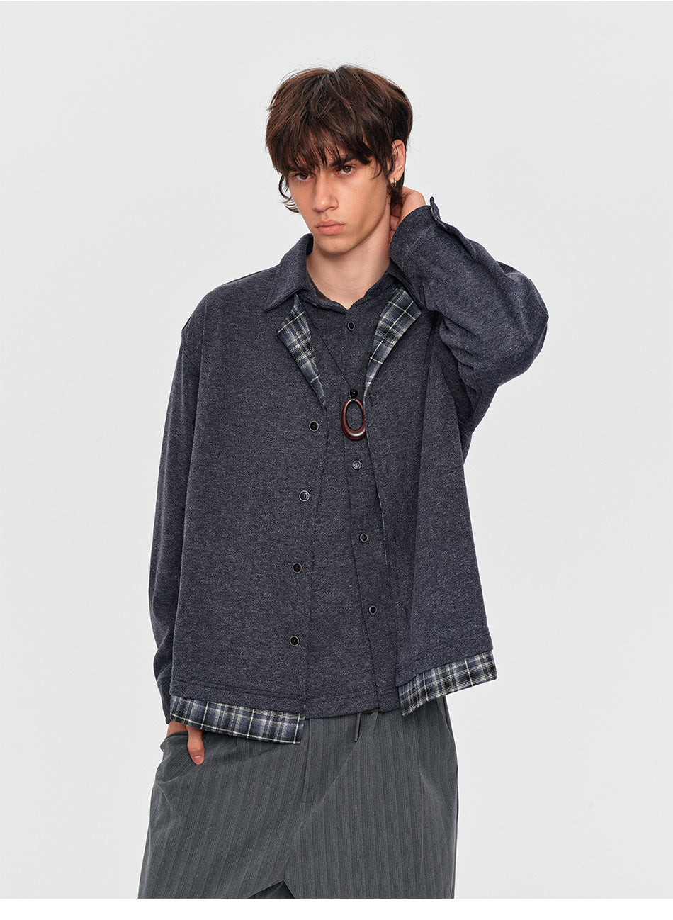 MADWITCH LAYERED PLAID-COLLAR BUTTONED SWEATSHIRT #880936