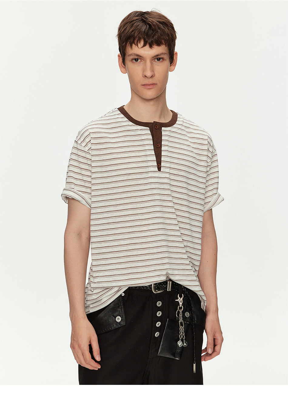 MADWITCH LINEN HENLEY STRIPE TEE #991382