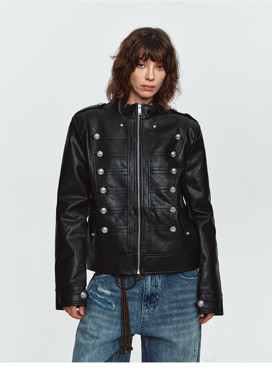 MADWITCH NAPOLEON-BUTTON CROPPED LEATHER BIKER JACKET #AW26188