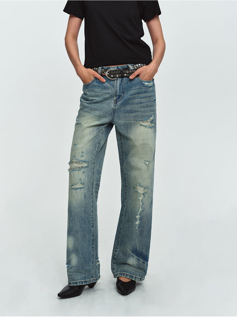 MADWITCH DISTRESSED WASHED WIDE-LEG JEANS #G60064