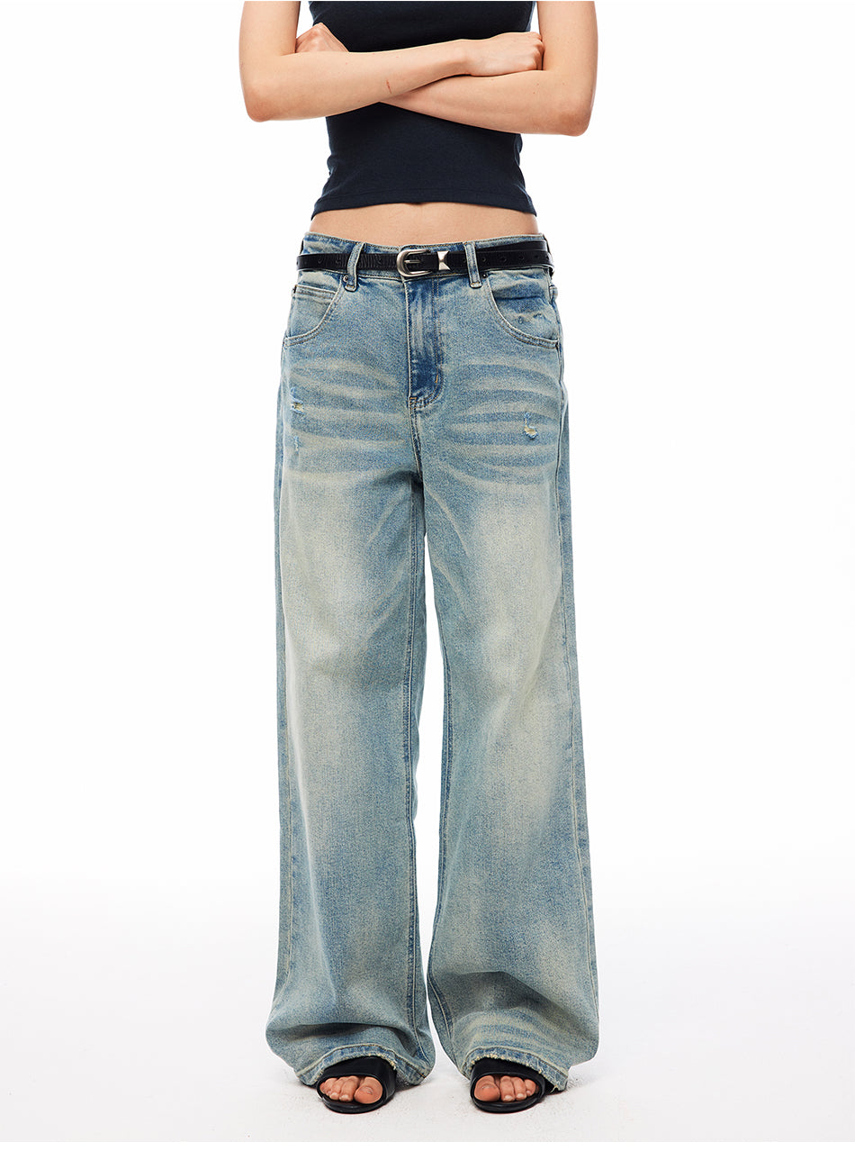 MADWITCH VINTAGE WASHED DISTRESSED WIDE-LEG JEANS #CN9835