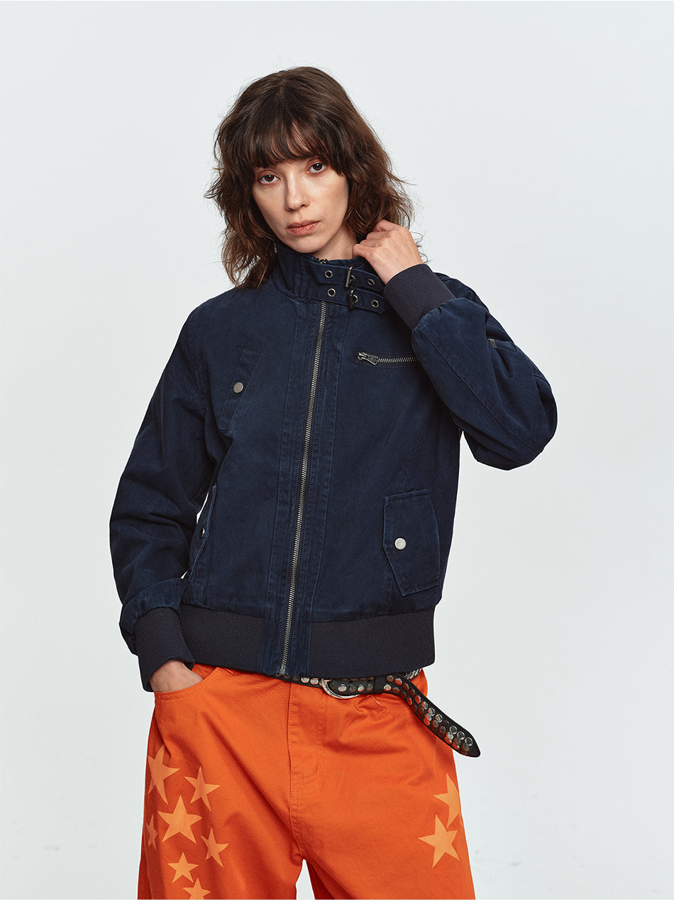 MADWITCH BUCKLED-COLLAR MULTI-POCKET WASHED CROPPED JACKET #N607