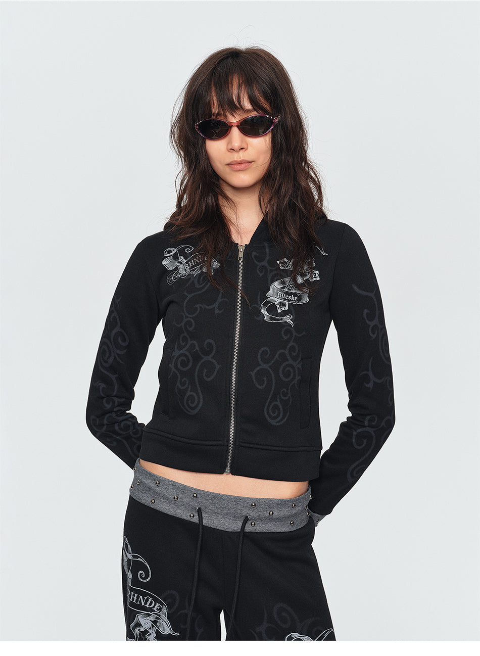 MADWITCH STUDDED SCROLL-PRINT HOODIE CARDIGAN #L2026544