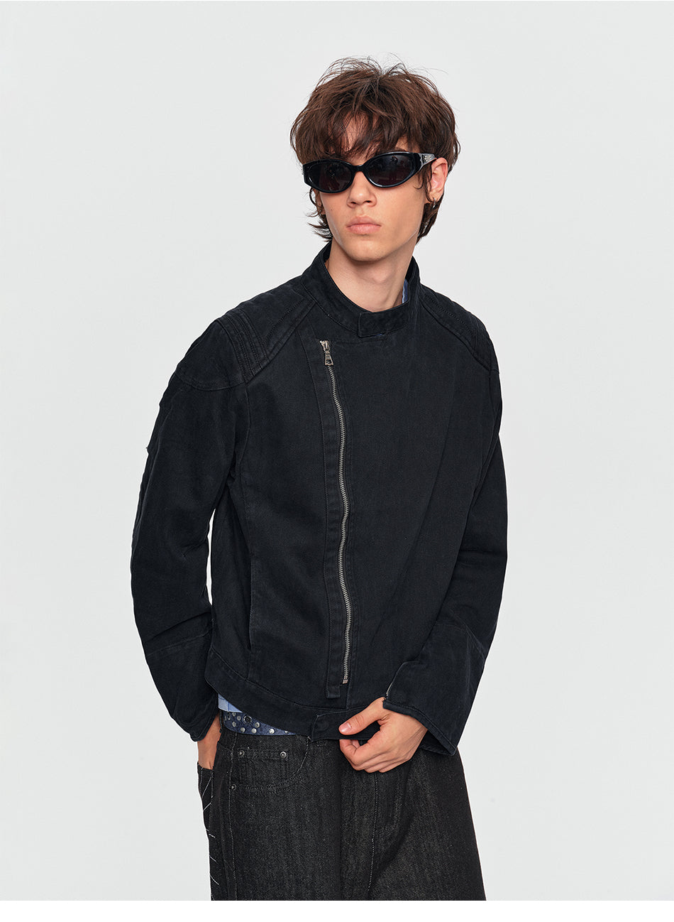 MADWITCH ASYMMETRIC-ZIP WASHED STAND-COLLAR CROPPED MOTO JACKET #261627
