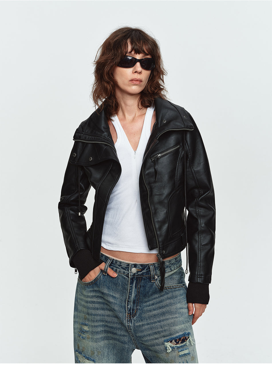MADWITCH ASYMMETRIC-ZIP HIGH-COLLAR CROPPED FAUX-LEATHER BIKER JACKET #L2026611