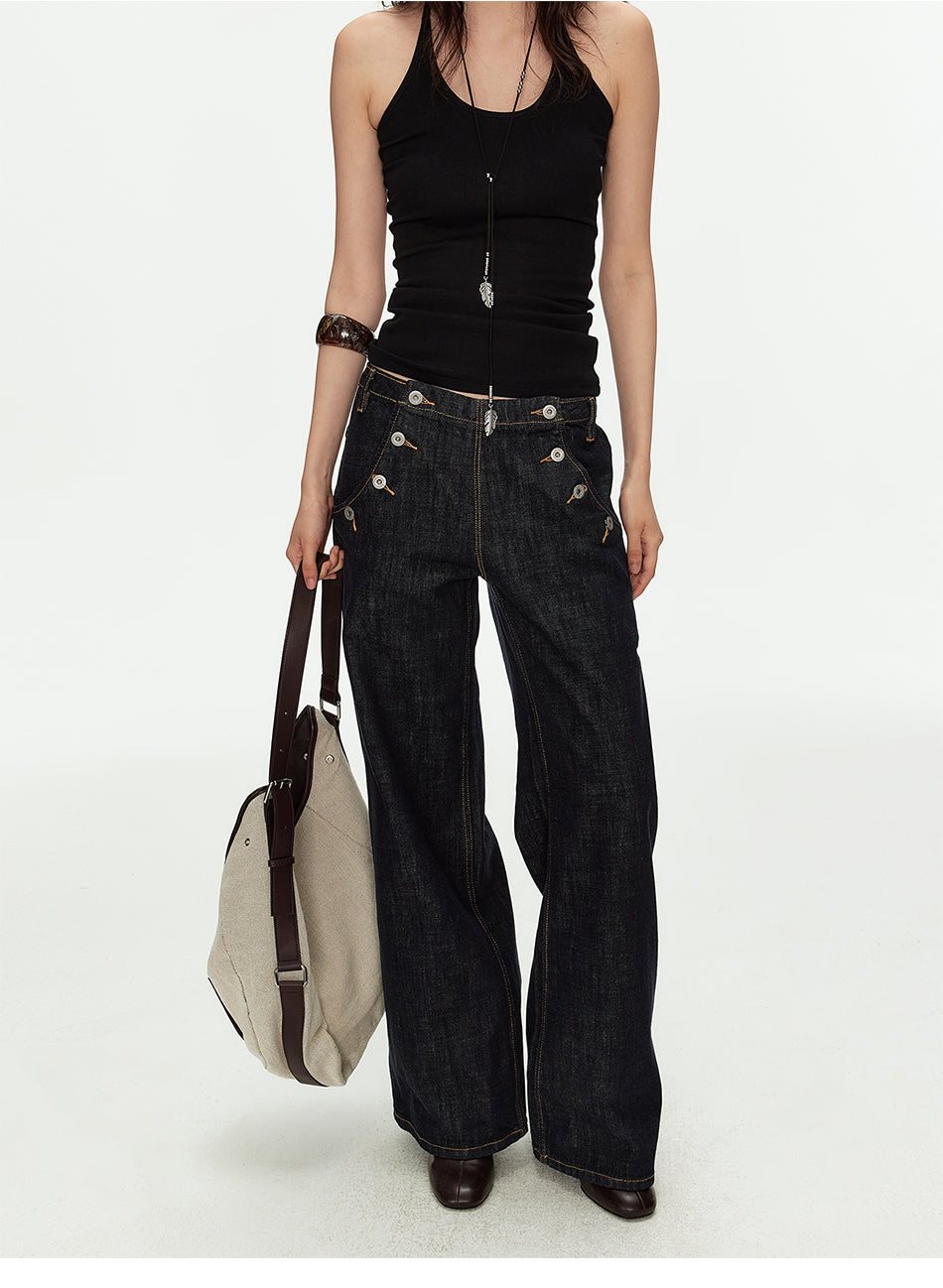 MADWITCH VINTAGE BUTTON SIDE WIDE JEANS #GPC9816N