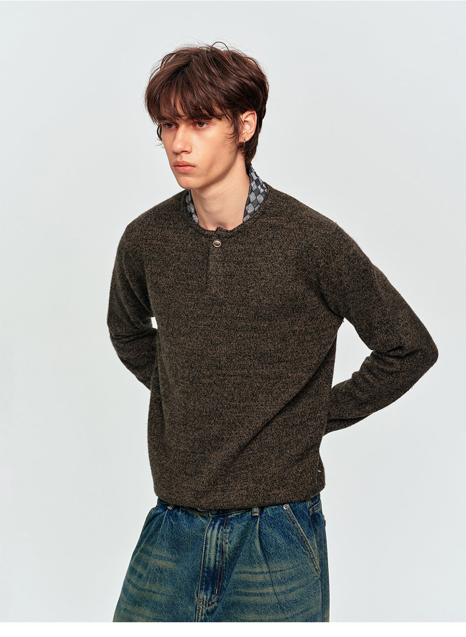 MADWITCH TEXTURED MARLED WOOL-BLEND HENLEY SWEATER #11826