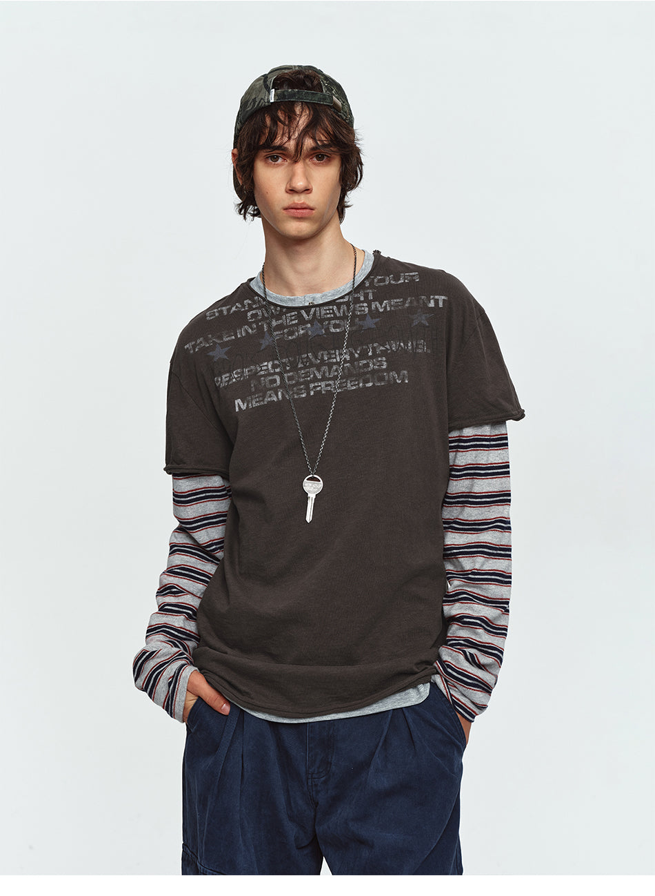 MADWITCH STRIPED-LAYERED LETTER-PRINT LONG-SLEEVE T-SHIRT #TC186