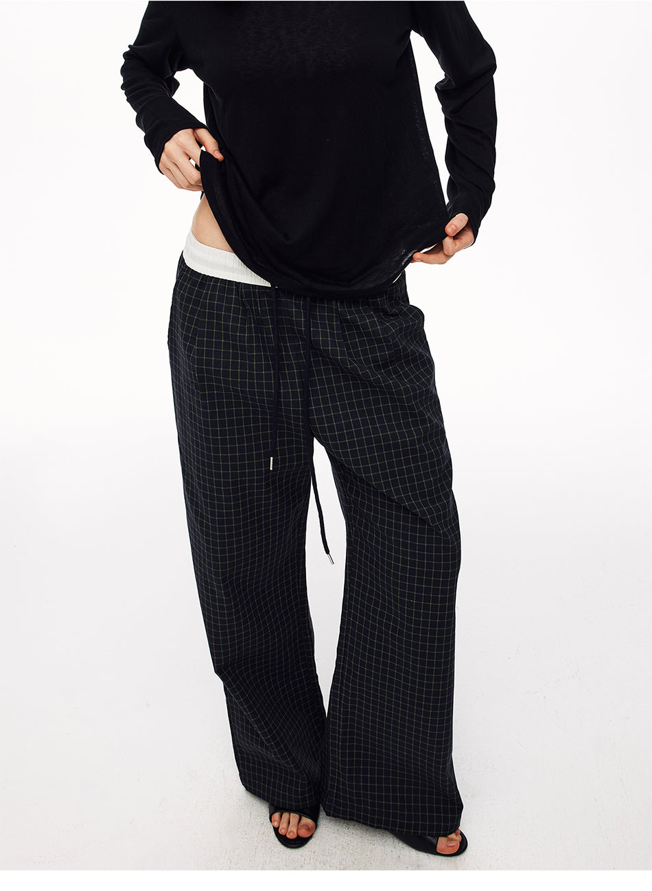 MADWITCH VINTAGE PLAID DRAWSTRING WIDE-LEG PANTS #CK61051
