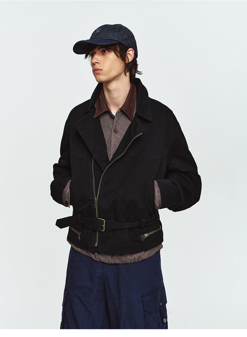 MADWITCH ASYMMETRICAL-ZIP BELTED CROPPED BIKER JACKET #CW1376