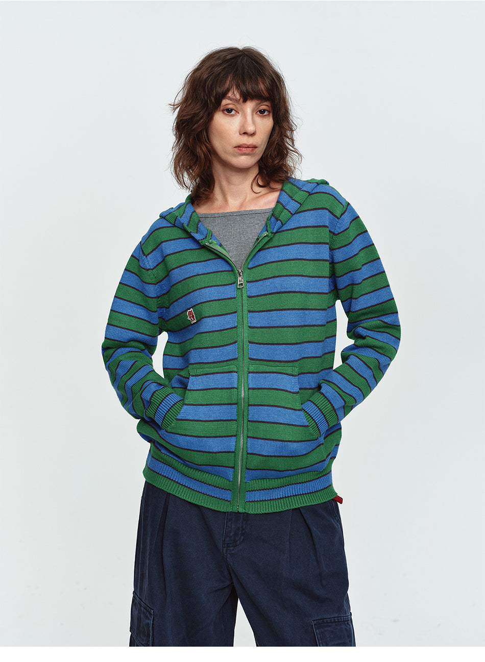 MADWITCH STRIPED EMBROIDERED ZIP HOODED CARDIGAN #L2026746