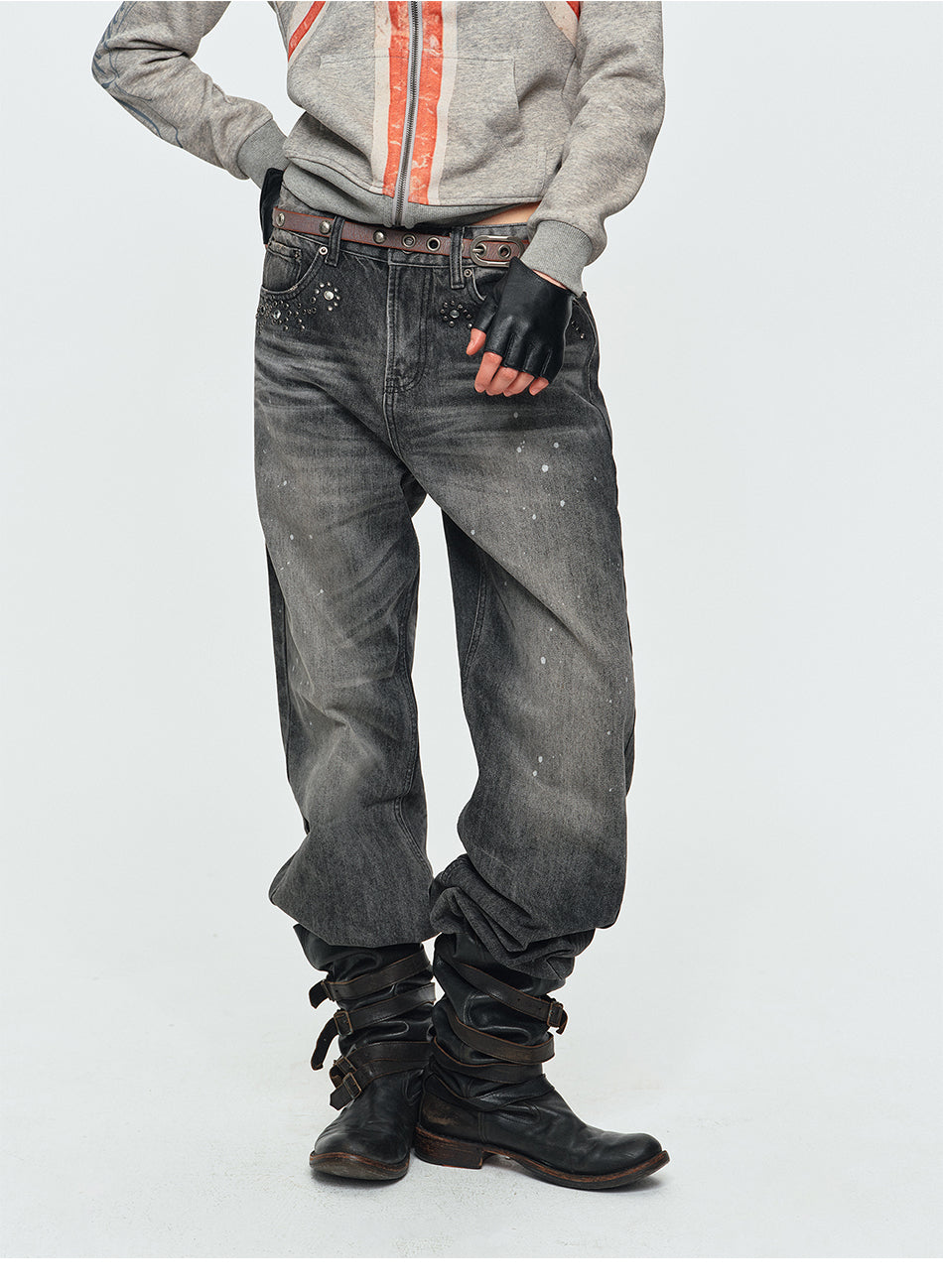 MADWITCH RHINESTONE WASHED WIDE-LEG JEANS #G60078