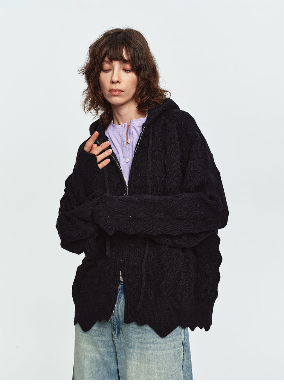 MADWITCH ASYMMETRIC CABLE-KNIT HOODED CARDIGAN #L2026708