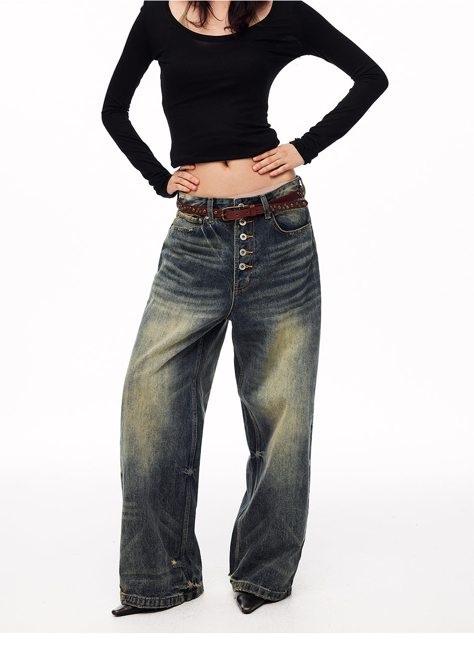 MADWITCH BUTTON-FLY DISTRESSED WIDE-LEG JEANS #DR8218