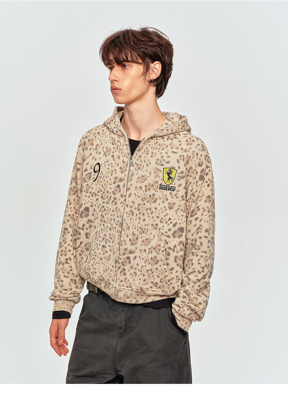 MADWITCH LEOPARD-PRINT EMBROIDERED CROPPED ZIP HOODIE #2604WY7021